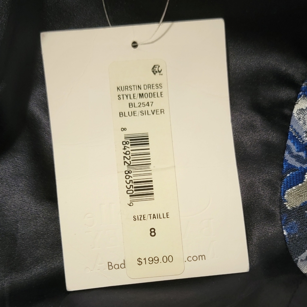 Badgley Mischka Size 8 Navy Blue Silver Floral Sheath Kurstin Dress w/ Pockets - Picture 9 of 12